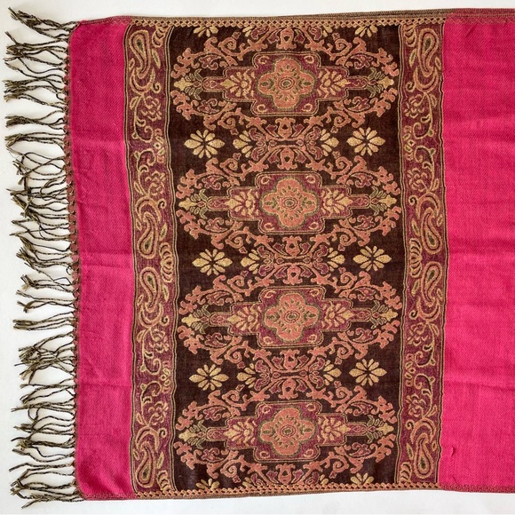 Hot Pink Shawl Pashmina with Tapestry Accents and Tassels - Picture 9 of 13